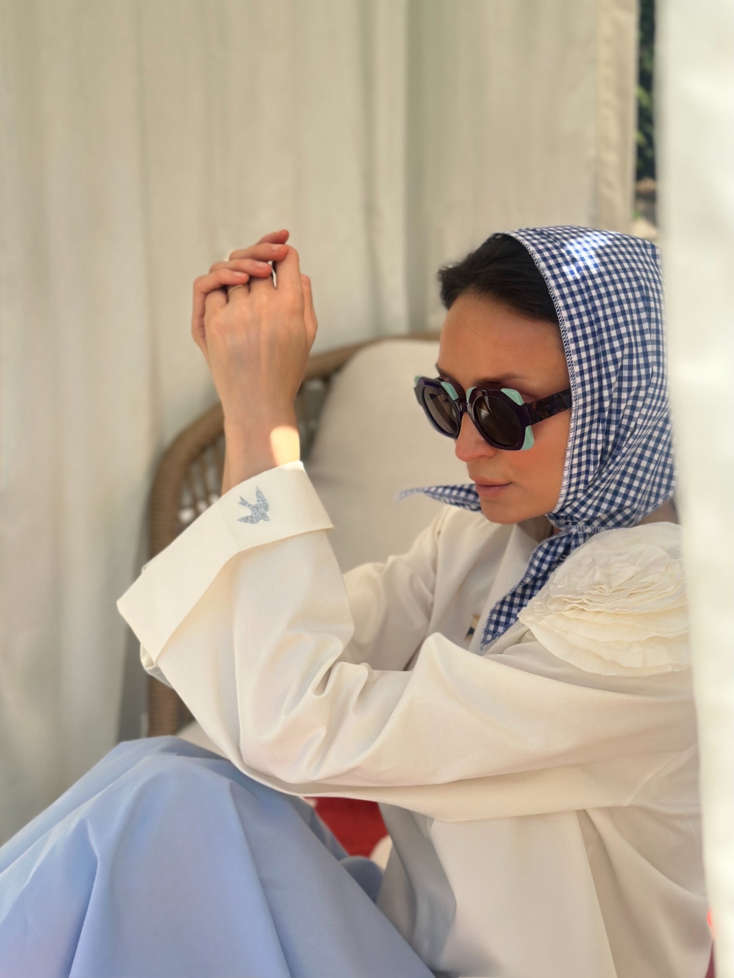 Eșarfă Batistă Gingham Albastru-Alb